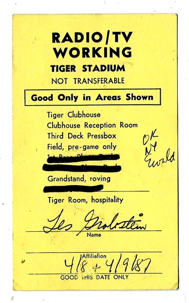 1987 Detroit Tigers (AL) Radio/TV Working Pass