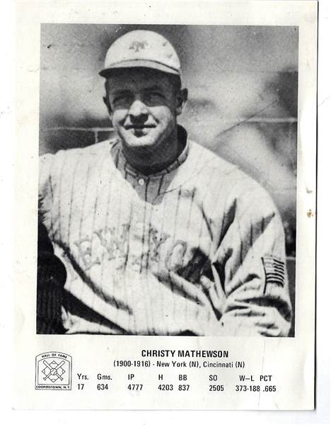 C. 1970's Christy Mathewson (HOF) Cooperstown Baseball  BxW 5 x 7 Photo