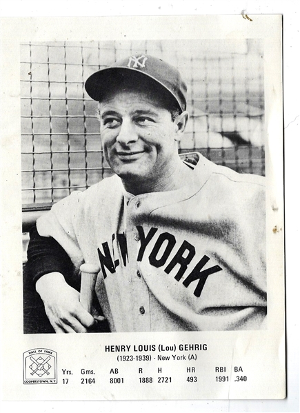 C. 1970's Lou Gehrig (HOF) Cooperstown 5 x 7 Photo