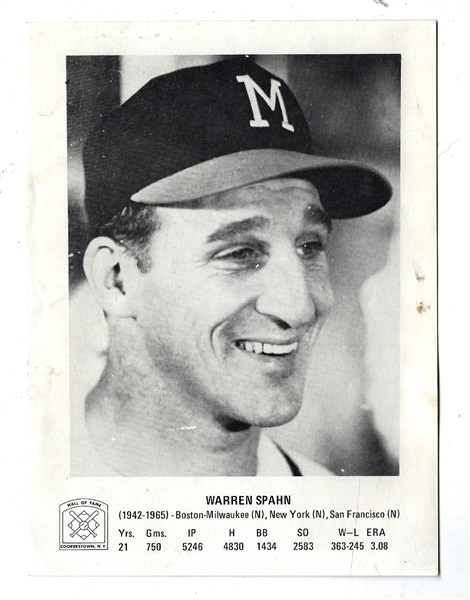 C. 1970's Warren Spahn (HOF) Cooperstown 5 x 7 Photo