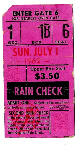 1962 NY Yankees Ticket Stub (7/1/62) vs. LA Angels DH at Yankee Stadium