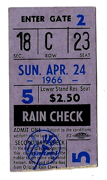 1966 NY Yankees Ticket - April 24th - vs. Baltimore Orioles