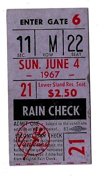 1967 NY Yankees vs. Detroit Tigers Ticket Stub at Yankee Stadium