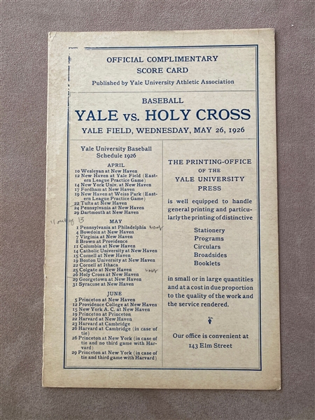 1926 Yale vs. Holy Cross Baseball  (4) Page Fold Open Scorecard