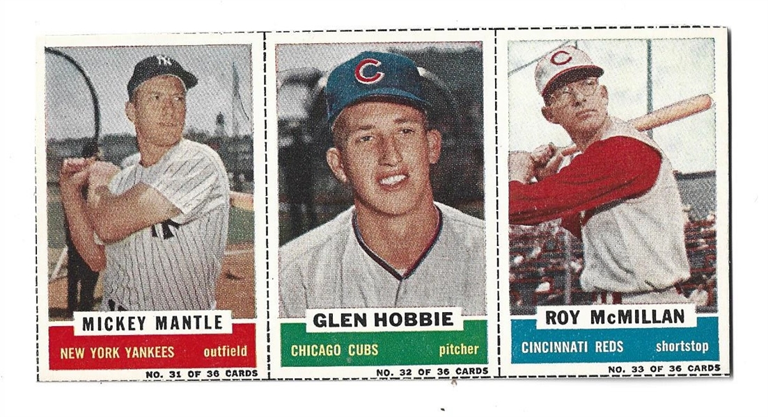 1960 Mickey Mantle - Glen Hobbie - Roy McMillan - Uncut Sheet of (3) Bazooka Cards