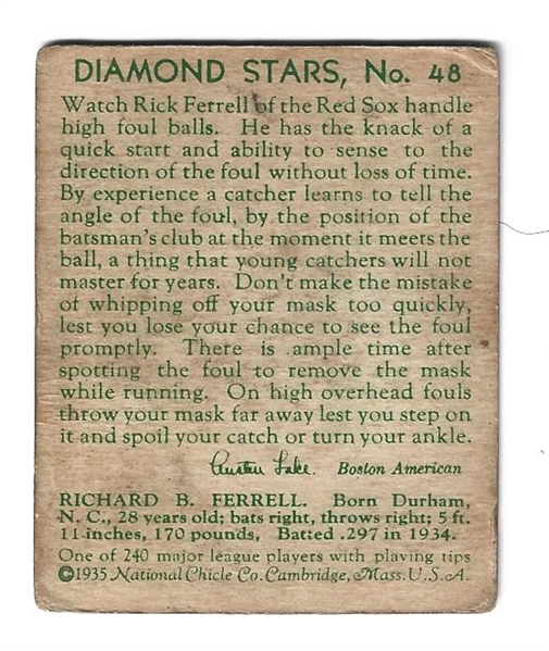 1935 Rick Ferrell (HOF) Diamonds Stars Baseball Card