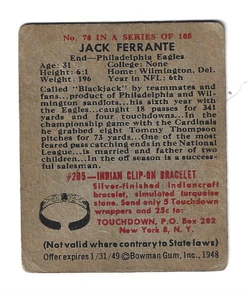 1948 Bowman Football - Jack Ferrante (Philadelphia Eagles)  - Football Card