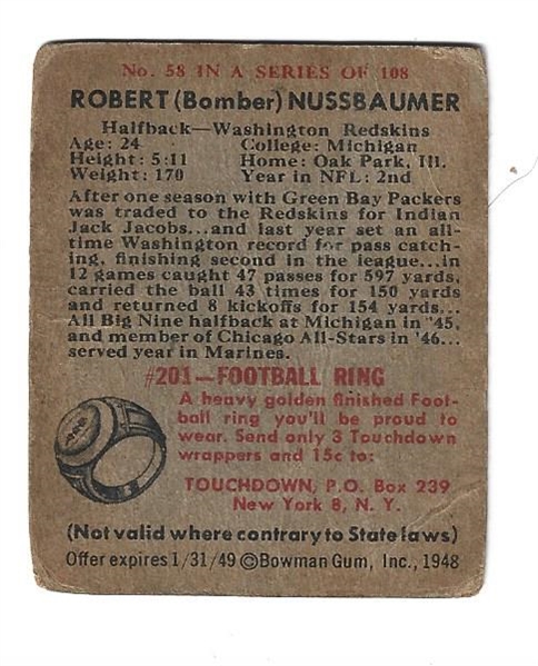 1948 Robert Nussbaumer (Washington Redskins) Bowman Football Card