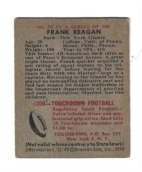 1948 Bowman Football - Frank Reagan (NY Giants)  - Football Card