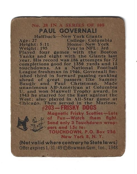 1948 Paul Governali Bowman Football Card