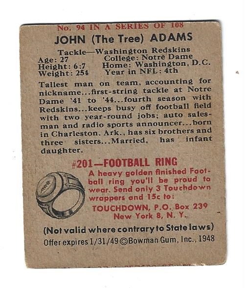 1948 John (The Tree) Adams Bowman Football Card