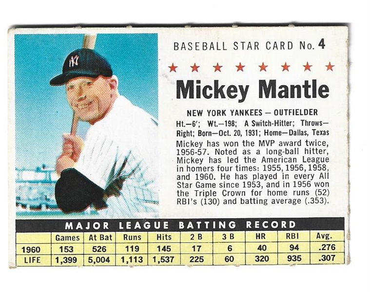 1961 Mickey Mantle (HOF) Post Cereal Crease Free Card