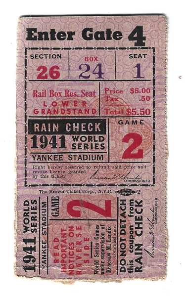 1941 World Series Ticket (Yankees vs. Dodgers) at Yankee Stadium - Game #2