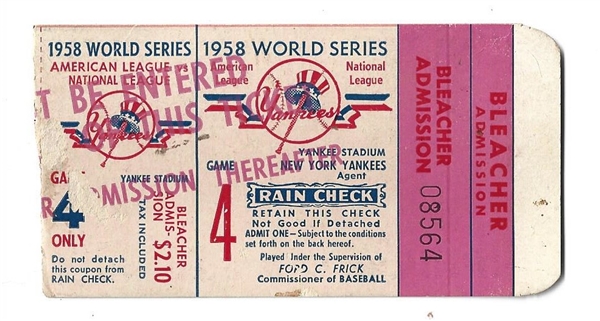 1958 World Series Ticket  (Milwaukee Braves vs. NY Yankees) at Yankee Stadium - Better Grade