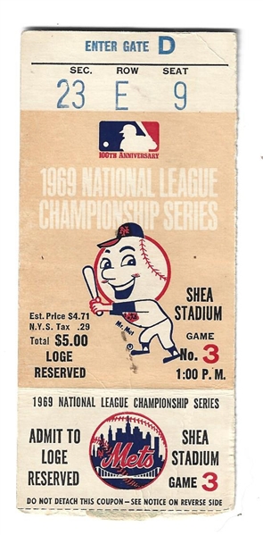 1969 NLCS  (1st Ever) NY Mets vs. Atlanta Braves Game #3 Clinching Ticket 