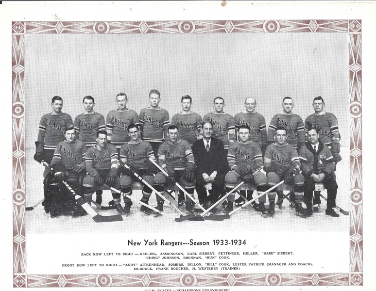 1933 - 34 NY Rangers (NHL) CCM Skates Team Photo with Roster