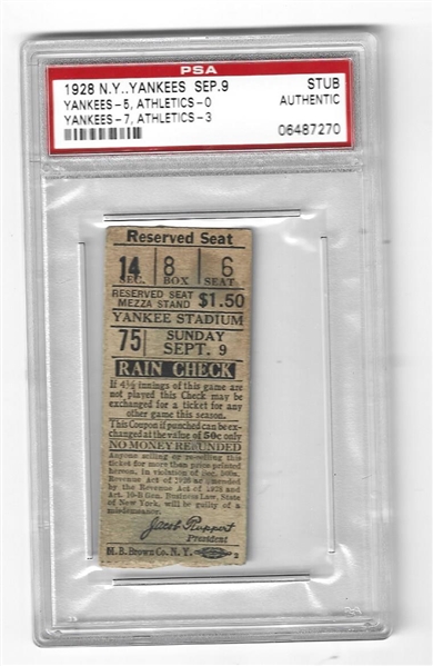 1928 NY Yankees (AL) PSA Graded Ticket - 9/9/28 - DH vs. A's at Yankee Stadium