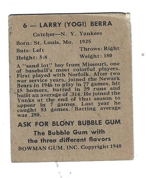 1948 Yogi Berra (HOF) Bowman Rookie Card - # 6