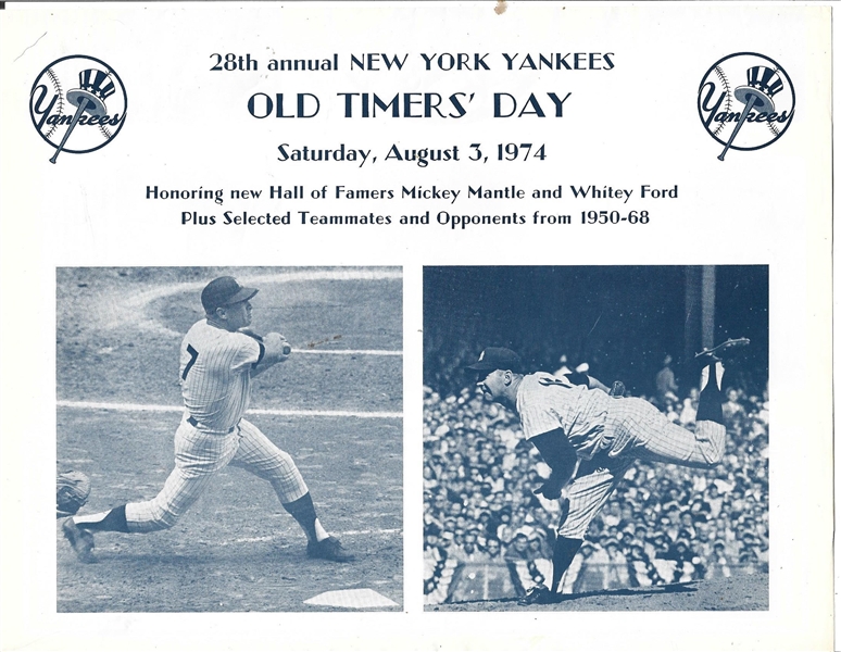 1974 NY Yankees Old Timers Day Program: Honoring New HOF Enshrinees - Mantle & Ford