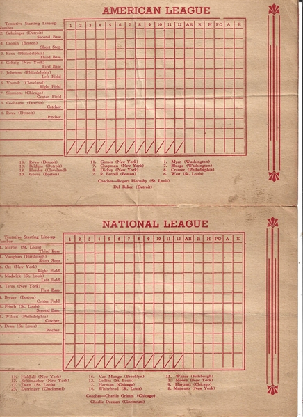 1935 MLB All-Star Game (At Cleveland) 4 Page Scorecard 