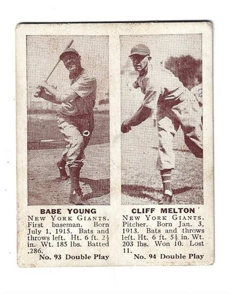 1941 Double Play Baseball Card - Babe Young & Cliff Melton 