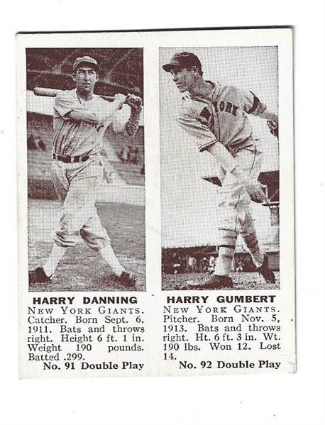 1941 Double Play Baseball Card - Harry Danning & Harry Gumbert