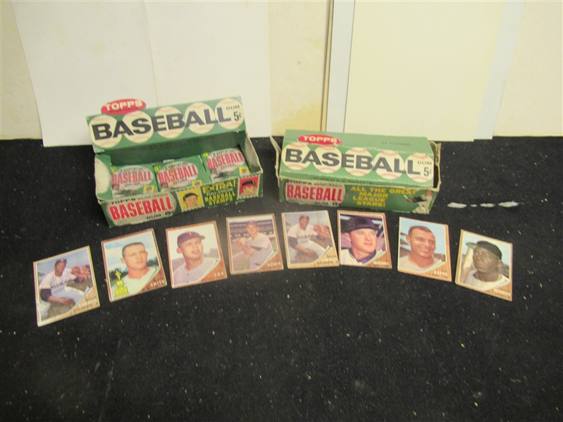 1962 Topps Baseball Memorabilia Lot - Display Box, (3) Reconstituted Packs, Cards & Gum