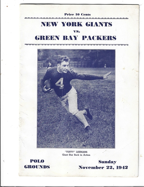 1942 NY Giants (NFL) vs. Green Bay Packers Football Program 