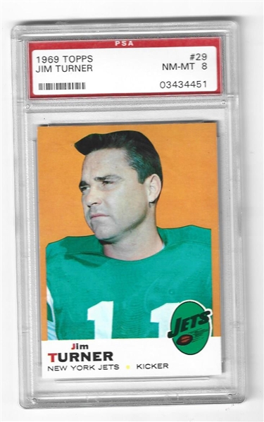 1969 Jim Turner (NY Jets) Topps Football Card PSA Graded 8