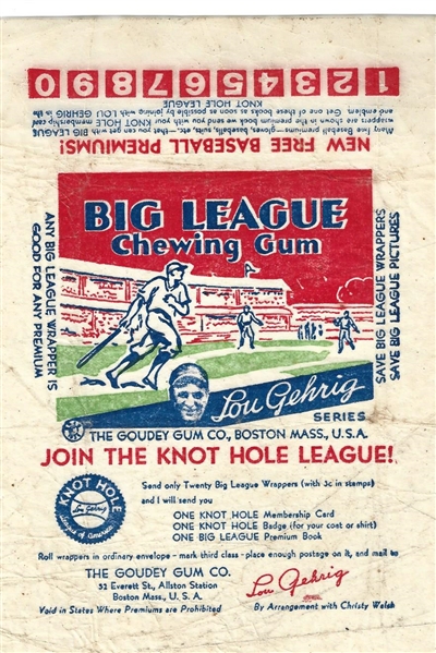 1934 Goudey Big League Chewing Gum Baseball Wrapper with Lou Gehrig Image