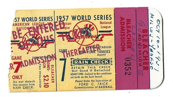 1957 World Series Game # 7 Clinching Ticket - Yankees vs. Braves - at Yankee Stadium