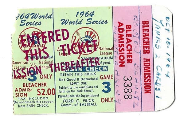 1964 World Series - NY Yankees vs. St. Louis Cardinals - Game # 3 Ticket at Yankee Stadium