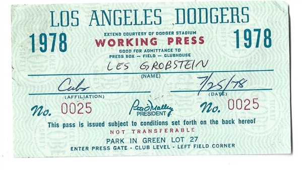 1978 LA Dodgers (NL Champions) Working Press Pass at LA