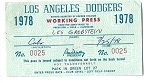 1978 LA Dodgers (NL Champions) Working Press Pass at LA