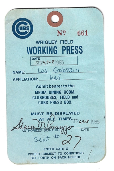 1985 Chicago Cubs Working Press Pass at Wrigley Field