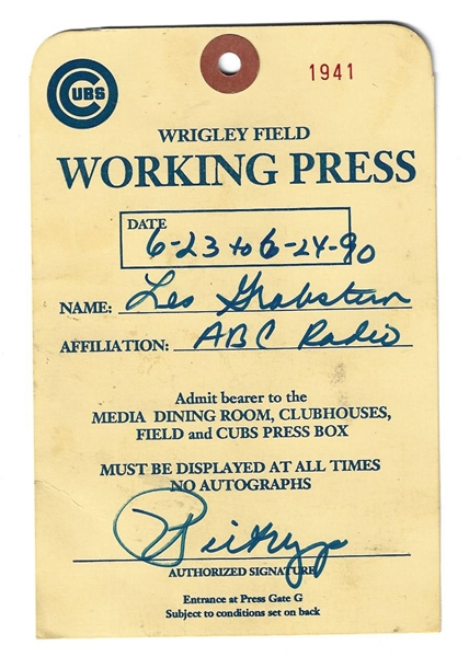 1990 Chicago Cubs Working Press Pass 