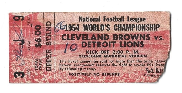 1954 NFL Championship Ticket - Cleveland Browns vs. Lions - At Cleveland Municipal Stadium