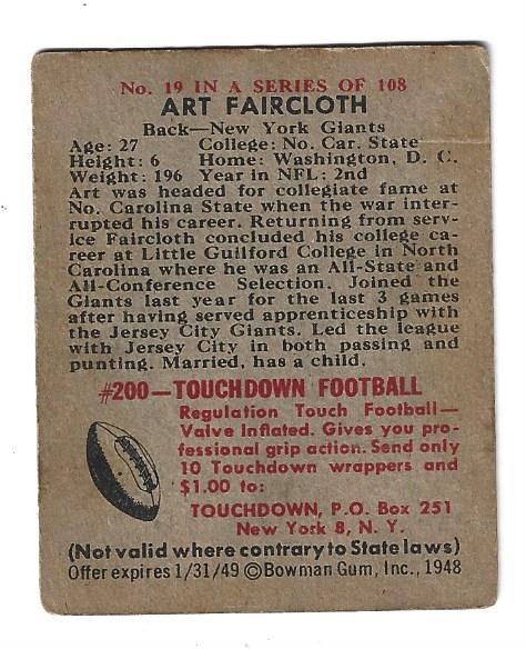 1948 Bowman - Art Faircloth  (NY Giants) Football Card