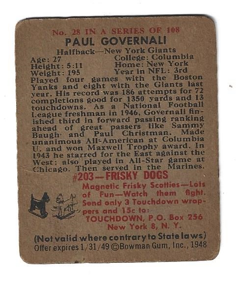 1948 Bowman - Paul Governali (NY Giants) - Football Card