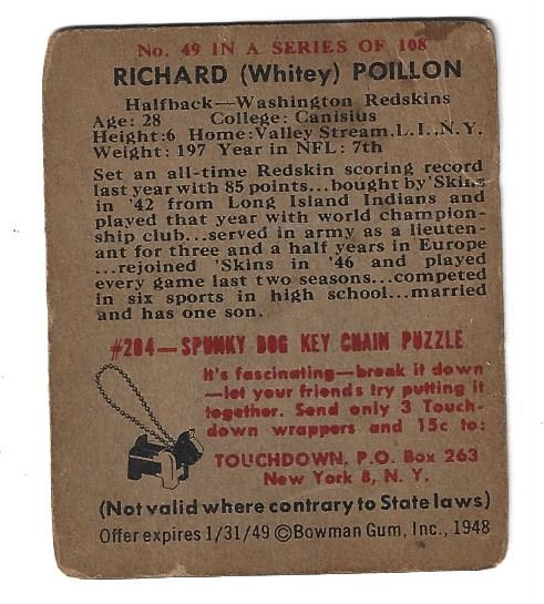 1948 Bowman Football - Richard Poillon  (Washington Redskins)  - Football Card