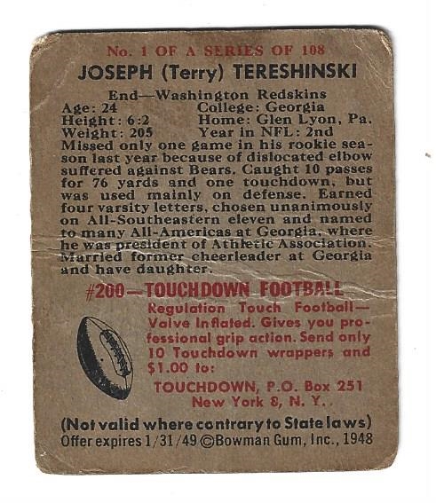 1948 Bowman Football - Joe Tereshinski (Washington Redskins)  - Football Card