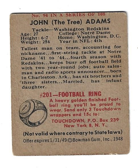 1948 Bowman - John Adams (Washington Redskins) - Football Card