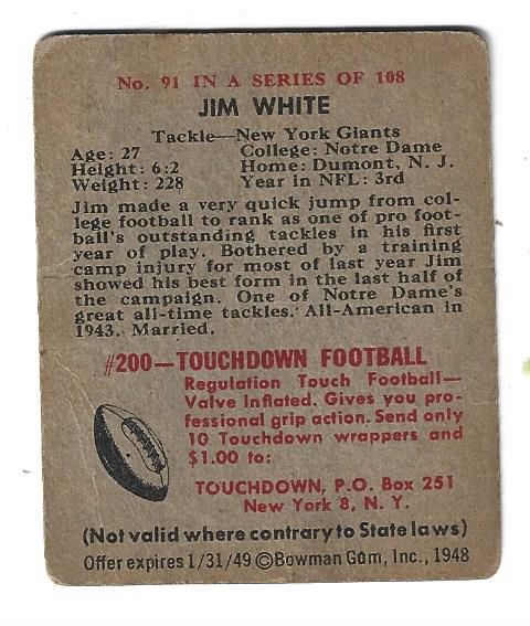 1948 Bowman - Jim White (NY Giants) - Football Card