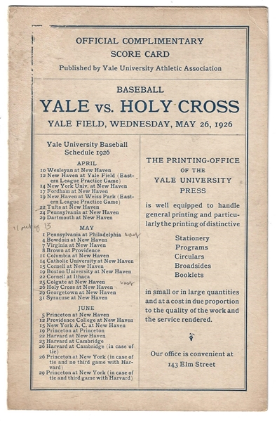 1926 Yale vs. Holy Cross Baseball  (4) Page Fold Open Scorecard