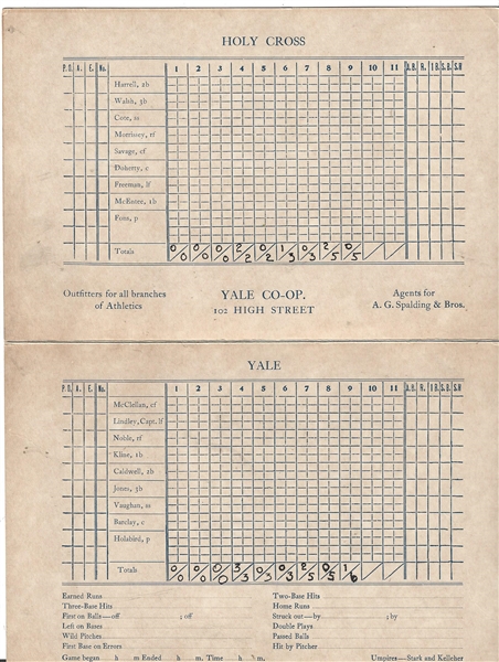 1926 Yale vs. Holy Cross Baseball  (4) Page Fold Open Scorecard