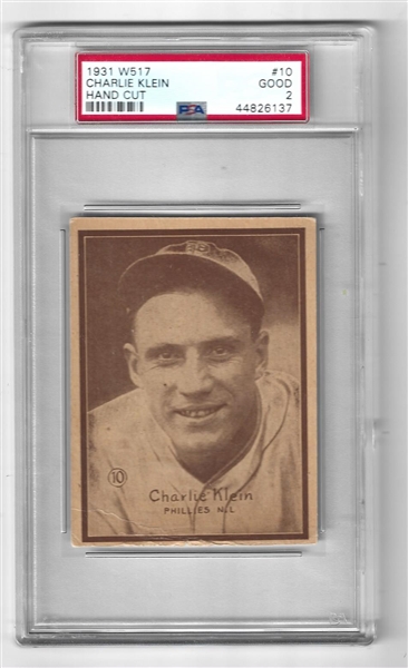 1931 Chuck Klein (HOF) W517 Hand Cut Strip Card PSA Graded 2