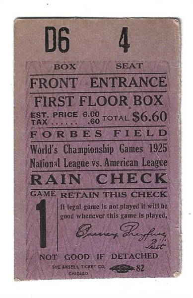 1925 World Series (Pittsburgh Pirates vs. Washington Senators) Game #1 - Walter Johnson WP - Official Ticket