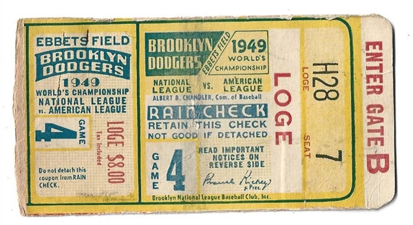 1949 World Series (NY Yankees vs. Brooklyn Dodgers) Game # 4 Ticket at Ebbets Field