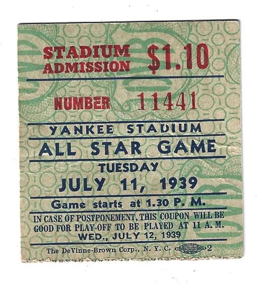 1939 MLB All-Star Game at Yankee Stadium Ticket Stub