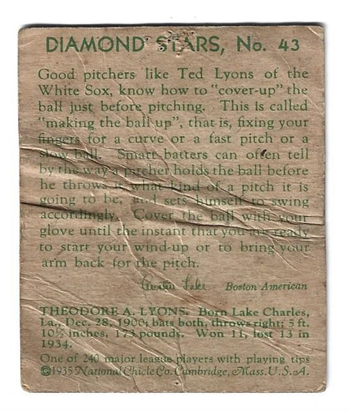 1934 Ted Lyons (HOF) Diamond Stars Baseball Card